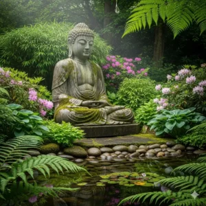 Eine große, ruhige Statue, die als Gartendeko Figuren Buddha in einem üppigen, friedlichen Garten platziert ist.
