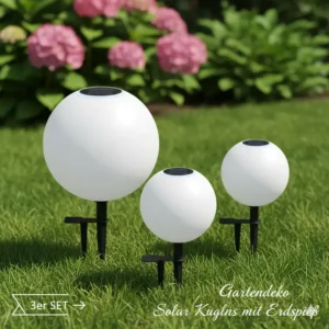 3er Set Gartendeko solar kugeln für den Garten mit Erdspieß als Wegbeleuchtung.