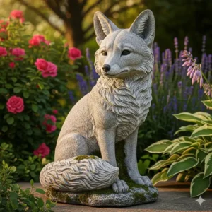 Eine lebensechte Steingartenstatue eines Fuchses, eine beliebte Gartendeko Figur aus Stein.
