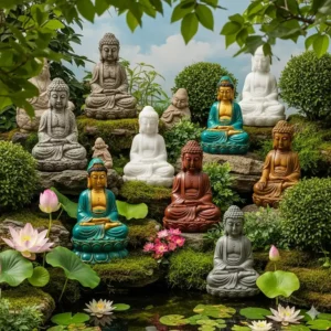 Eine Sammlung kleiner, dekorativer Figuren, die als Gartendeko Figuren Buddha in verschiedenen Materialien ideal für den Garten sind.