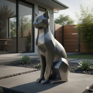 Eine schlanke, minimalistische Katzenskulptur aus poliertem Metall, eine elegante und gartendeko figuren modern für zeitgenössische Außenbereiche.

