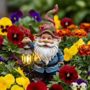 Ein detailgetreuer Gartenzwerg, eine beliebte Art von Gartendeko Figuren Solar, mit einer leuchtenden Laterne.