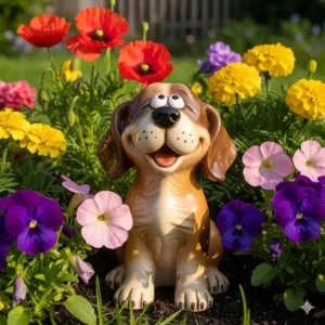 Eine charmante Keramik-Hundefigur als Teil der Gartendeko Figuren Tiere inmitten bunter Blumenbeete.