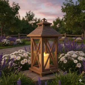 gartendeko laternen garten: Rustikale Holzlaterne mit LED-Kerze