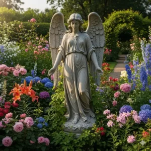 Eine große, dekorative Steinfigur eines Engels, der inmitten von Blumen in einem Garten steht. Gartendeko Figuren Groß