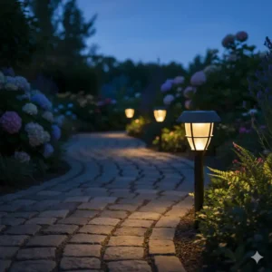 Solarbetriebene Wegleuchten, die einen Gartenpfad beleuchten. Eine perfekte Art von gartendeko solarleuchten.