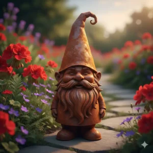 Ein charmanter rustikaler Gartenzwerg aus verrostetem Metall, der perfekt zu gartendeko figuren vintage passt.