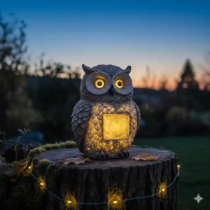 Detaillierte Solar-LED-Gartenfigur einer Eule, leuchtend in der Dämmerung auf einem Baumstumpf