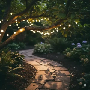 Nahaufnahme von warmweißen LED-Lichterketten, die an einem Ast hängen und einen Gartenweg beleuchten. Gartendeko Lichterkette Outdoor

