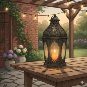 Ein Vintage-Stil Gartendeko Windlichter Metall mit aufwendigen Mustern, das als eleganter Blickfang auf der Terrasse dient.