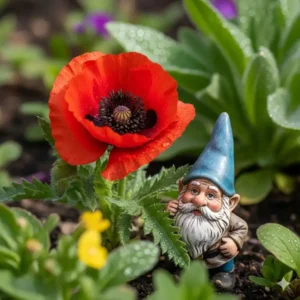 Eine winzige, handbemalte Zwergenfigur aus Keramik lugt hinter einem leuchtend roten Mohn in einem kleinen Garten hervor, eine charmante gartendeko figuren klein.