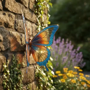 Eine Gartendeko Figur aus Metall, ein leuchtend blauer und orangefarbener Schmetterling, der an einer Gartenmauer hängt. Gartendeko Figuren Metall
