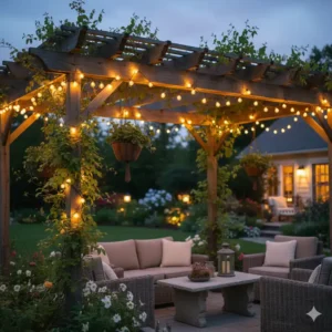 Solarbetriebene Lichterketten, die über einer Pergola in einem Garten drapiert sind und umweltfreundliche Abendbeleuchtung bieten.

