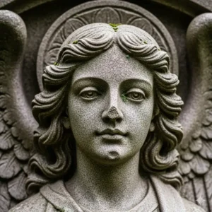 Eine detaillierte Nahaufnahme eines geschnitzten Steinengels, perfekt als friedliche Gartendeko Figur aus Stein.