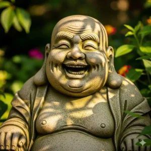 Eine Nahaufnahme einer fröhlichen, lachenden Statue, die als Gartendeko Figuren Buddha für Glück und Zufriedenheit steht.
