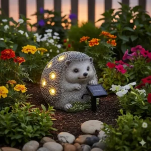 Eine niedliche Igelstatue, eine schöne Variante der Gartendeko Figuren Solar, beleuchtet einen Blumenbeet.