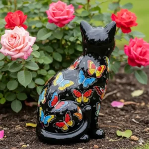 Eine schwarze Katzenfigur mit handbemalten Schmetterlingen als verspieltes Element der Gartendeko Figuren Tiere in der Nähe eines Rosenstrauchs.
