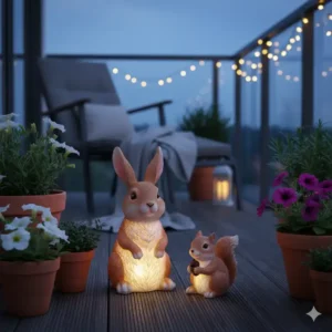 Set aus wetterfesten Kunstharz Gartendeko LED Tiere (Hase und Eichhörnchen) für Balkon und Terrasse