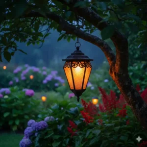 Eine dekorative Solar-Laterne, die von einem Baumast in einem grünen Garten hängt, als stilvolle gartendeko solarleuchten.

