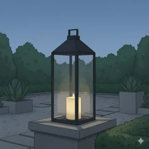Eine moderne Gartendeko Windlichter Metall mit klaren Linien, die einem schlichten Garten einen zeitgenössischen Akzent verleiht.