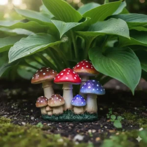 Ein Satz Miniaturpilzstatuen in verschiedenen Größen, die sich am Fuß einer Funkie befinden und eine märchenhafte gartendeko figuren klein schaffen.