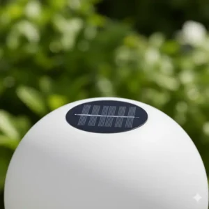 Nahaufnahme des integrierten Solarpanels auf einer gartendeko solar kugeln lädt tagsüber auf.