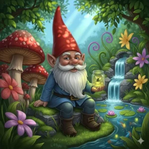 Eine skurrile Illustration eines klassischen Steingartenzwergs, ein charmantes Beispiel für Gartendeko Figuren aus Stein.