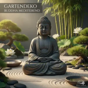 Eine detaillierte Skulptur, die als Gartendeko Figuren Buddha mit geschlossenen Augen und gefalteten Händen einen Gartenbereich beruhigt.