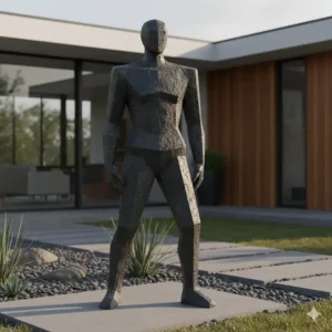 Eine abstrakte, menschenähnliche Figur aus Gusseisen, die die starken Linien und robusten Materialien der gartendeko figuren modern hervorhebt.