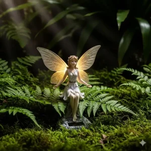 Eine kleine Feenfigur mit leuchtenden Flügeln, eine zauberhafte Gartendeko Figuren Solar.