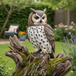 Eine naturgetreue Eulenstatue auf einem verwitterten Baumstumpf, die als Gartendeko Figuren Tiere einen Hauch von Tierwelt in den Garten bringt.