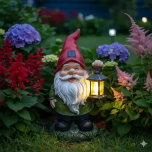 Eine niedliche solarbetriebene Gnome-Statue mit einer leuchtenden Laterne, ein schönes Stück gartendeko solarleuchten.