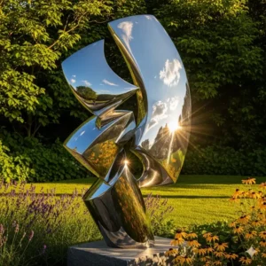Eine moderne, abstrakte Edelstahlskulptur, die das Licht in einem Garten reflektiert.