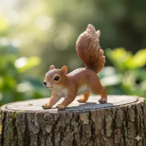Eine kleine, detaillierte Eichhörnchenfigur aus Harz, die auf einem Baumstumpf sitzt und so aussieht, als würde sie gleich weghuschen – eine niedliche gartendeko figuren klein.