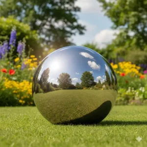 Eine große, glänzende Gartendeko Figur aus Metall, eine Edelstahlkugel, die die Bäume und den Himmel widerspiegelt.