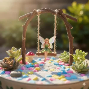 Ein Miniatur-Feengarten-Setup mit einer winzigen Feenstatue, die auf einer kleinen Holzschaukel sitzt, umgeben von bunten Kieselsteinen und kleinen Sukkulenten.