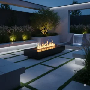 Die Kombination aus LED-Beleuchtung und gartendeko feuerstelle modern schafft ein stimmungsvolles Ambiente.