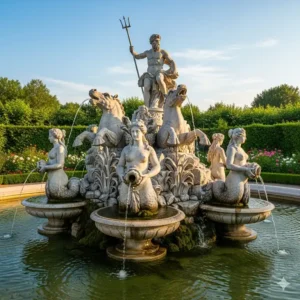 Ein wunderschöner Steinbrunnen mit geformten Figuren, der zeigt, wie Gartendeko Figuren aus Stein sowohl dekorativ als auch funktional sein können.