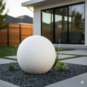 Eine glatte, weiße Keramikkugel mit strukturierter Oberfläche, ein einfaches, aber raffiniertes Stück gartendeko figuren modern.