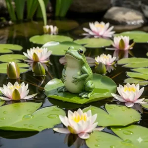 Eine kleine, grüne Froschfigur auf einem Seerosenblatt im Teich, perfekt als Gartendeko Figuren Tiere für Wasserspiele.