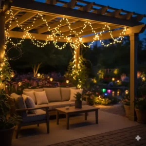 Solar-Lichterketten, die über einer Pergola hängen und eine warme, einladende Beleuchtung als gartendeko solarleuchten bieten.

