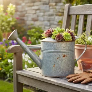 Eine alte, rostige Gießkanne, die als Pflanzgefäß wiederverwendet wird, ein Beispiel für kreative gartendeko figuren vintage.

