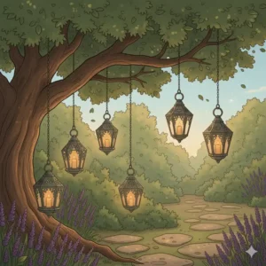 Mehrere kleine Gartendeko Windlichter Metall hängen von einem Ast herab und erzeugen eine magische Lichterkette.