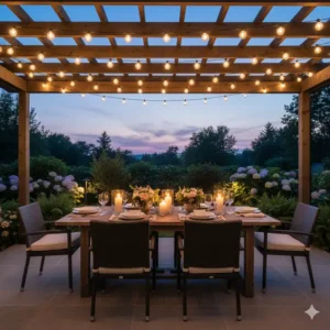Eine Lichterkette über einem Terrassen-Essbereich, perfekt für Mahlzeiten im Freien und Gartenpartys.