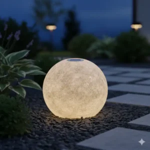Elegante, moderne LED-Kugel in Steinoptik, eine minimalistische Gartendeko LED Figur für den Vorgarten