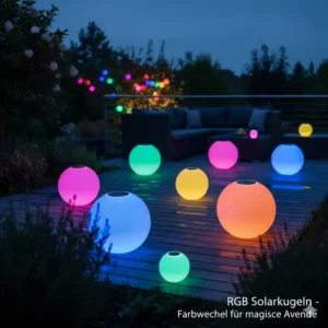 Bunte RGB Gartendeko solar kugeln mit Farbwechsel-Effekt beleuchten eine Terrasse am Abend.