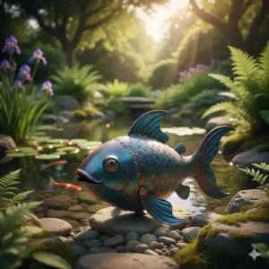 Eine skurrile Gartendeko Figur aus Metall, ein Fisch mit tiefblauer Patina, der in der Nähe eines kleinen Gartenteichs platziert ist.