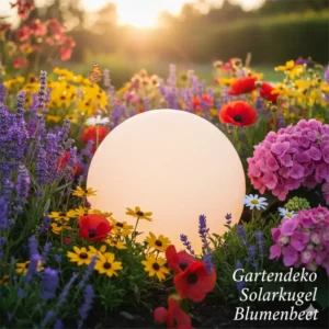 Weiße Gartendeko solar kugeln platziert zwischen bunten Blumen in einem Beet.