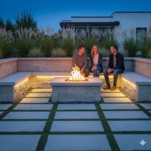 Eingelassene gartendeko feuerstelle modern in eine moderne Sitzmauer für gesellige Abende.