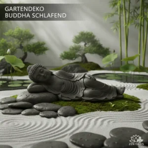 Eine elegante liegende Statue, die als Gartendeko Figuren Buddha friedlich auf Steinen und Moos liegt.